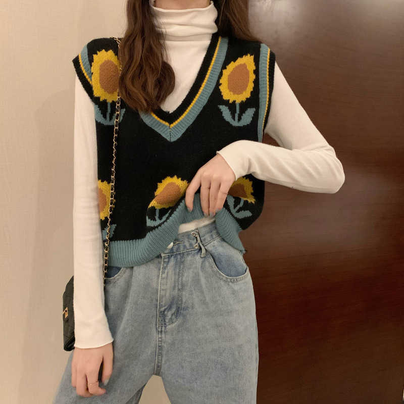 Veste Sans Manche Femme Autumn Korean Style Loose Sunflower Print Pullover Vests for Women Casual Short Knitted Vest Mujer 210604