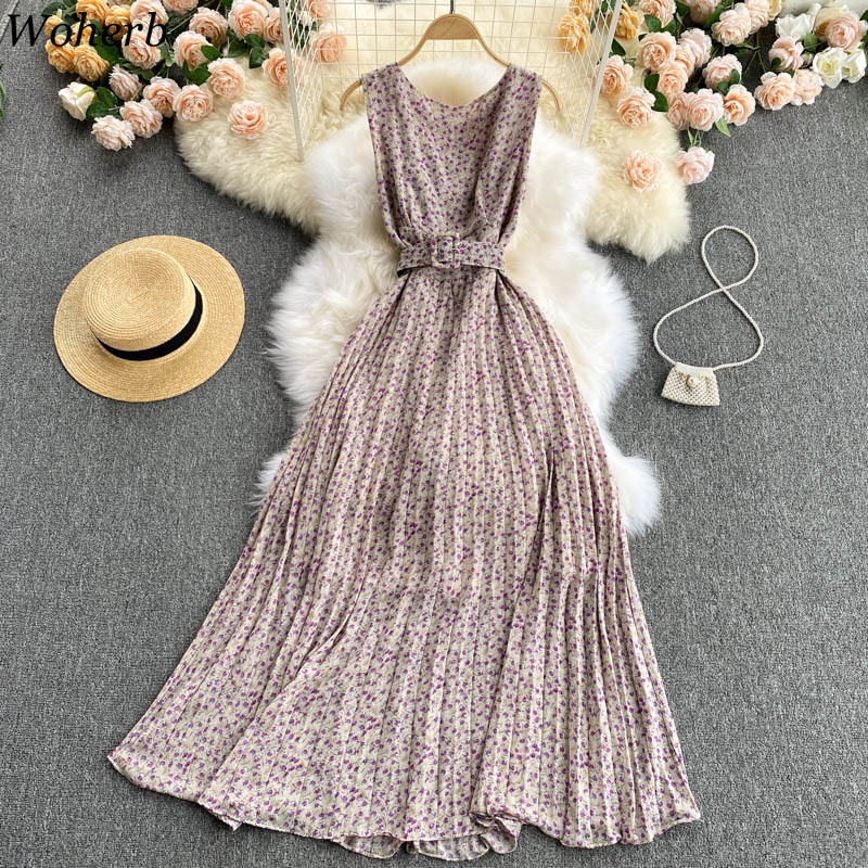 Chiffon Maxi Dress Women Vintage Temperament O Neck Slim Vestidos Floral Korean Pleated Elegant Dresses with Belt 4j410 210519