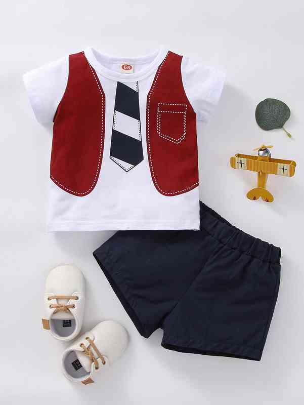 Baby Tie Print Colorblock Tee And Shorts SHE
