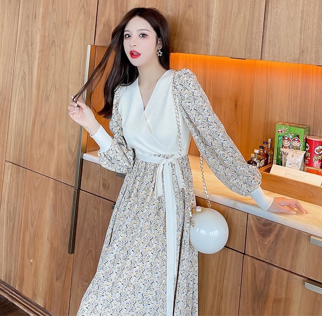 Elegant Retro Knitted Patchwork Flowers Chiffon Midi Dress Spring Fashion V-Neck Long Sleeve High Waist Slim Female Vestido 210519