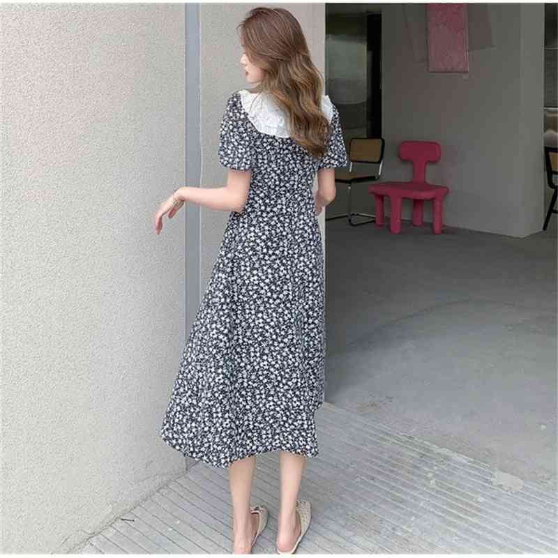Summer Boho Dress Women's Vintage Sweet Bow Peter Pan Collar Floral Print Chiffon Casual Midi Robe Vestidos 210519