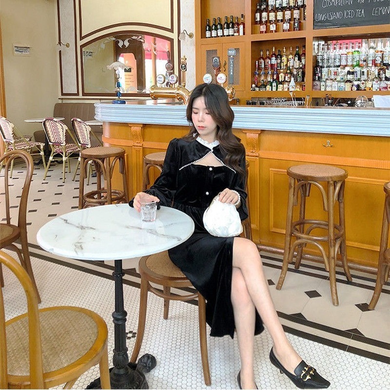 Vintage Black Dress women casual evening party dress korean Spring slim long sleeve sexy Button dress female 210521
