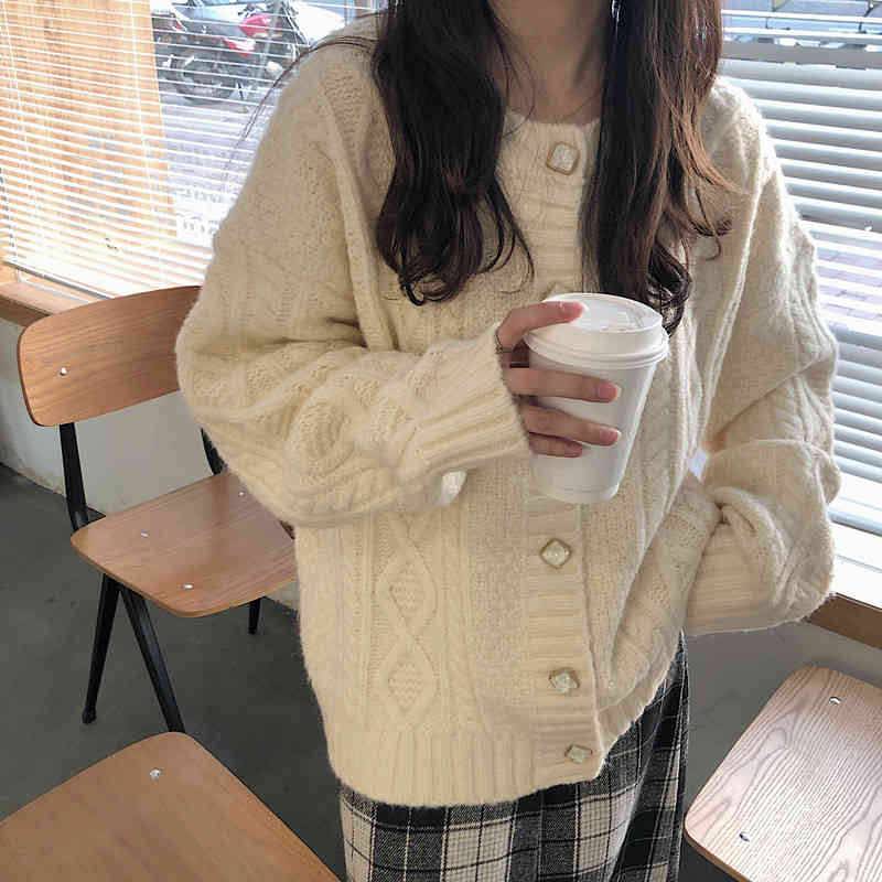 Twisted Knitted Women Cardigan Tops Single-breasted O-neck Full Sleeve Sweater Casual Fashion Korean Female Jumpers Cardigans 210513