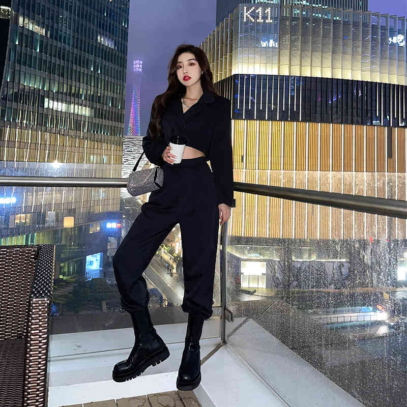 Spring Women Two Piece Set Fashion Notched Collar Long Sleeve Sexy Short Coat + High Waist Office OL Pants Suits 210519