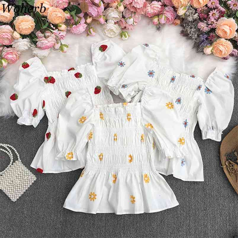 Fashion Blouses Women Summer Pleated Blusas Sweet Embroidery Crop Tops Off Shoulder Short-sleeve Loose White Shirts 210519, White blue flower
Fashion Blouses Women Summer Pleated Blusas Sweet Embroidery Crop Tops Off Shoulder Short-sleeve Loose White Shirts 210519, White blue flower