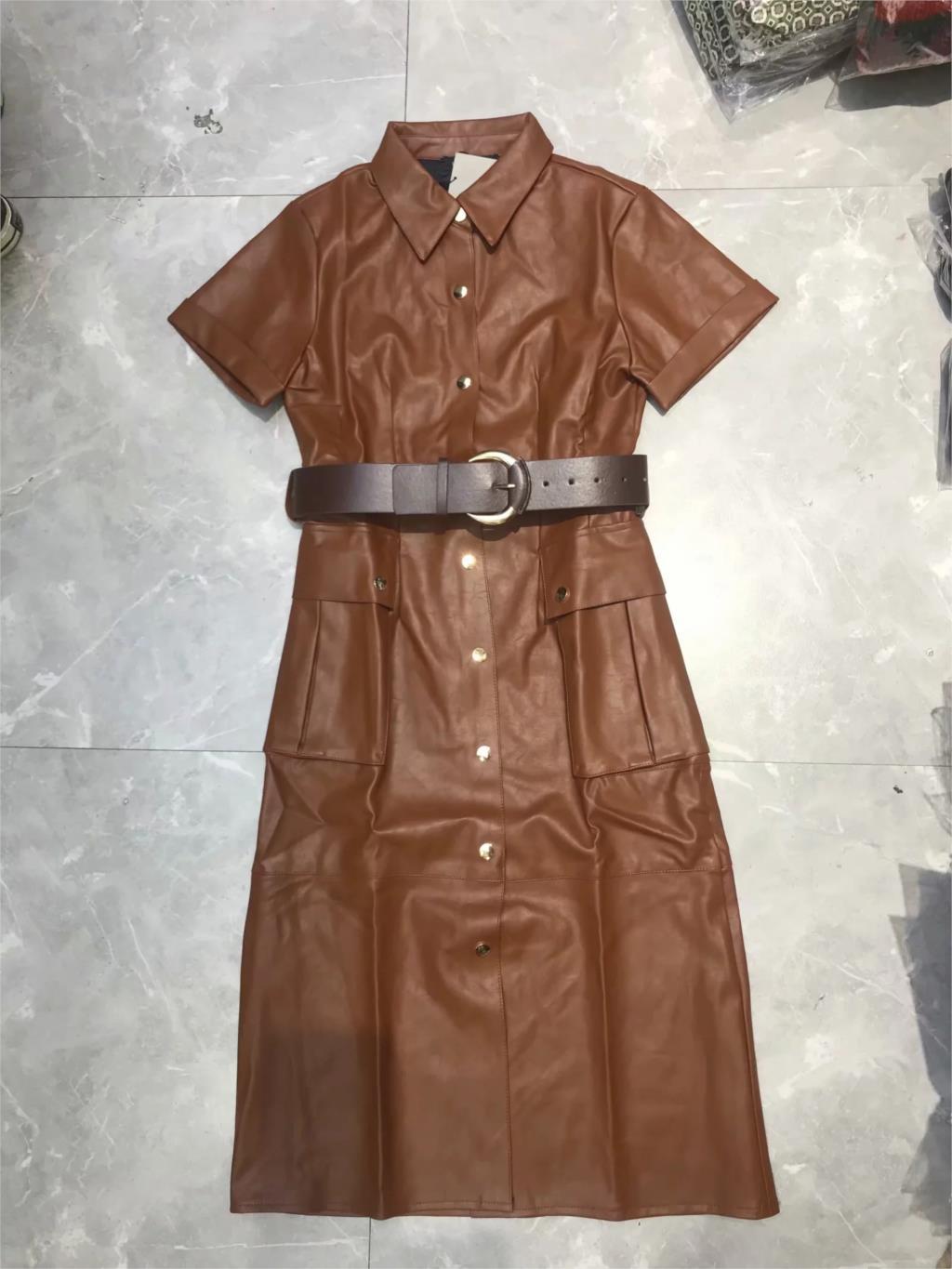 Winter button belt PU leather dress women midi Vintage casual short sleeve office black korean vestidos 210521