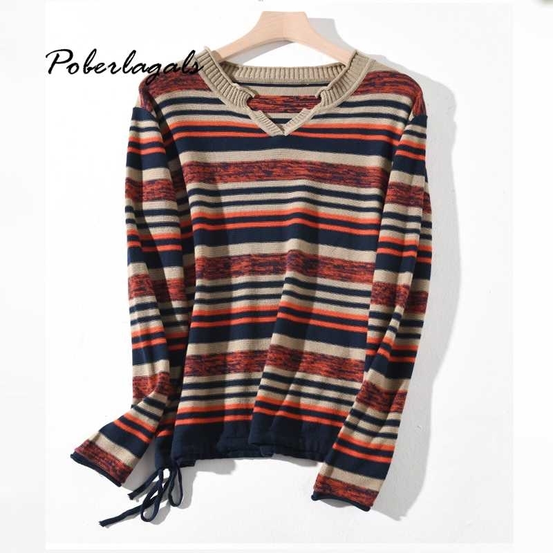 Pull femme Loose stripe Sweater pullovers Autumn Winter Korean Pullover casual knitted ladies sweater womens jumper 211123wtt