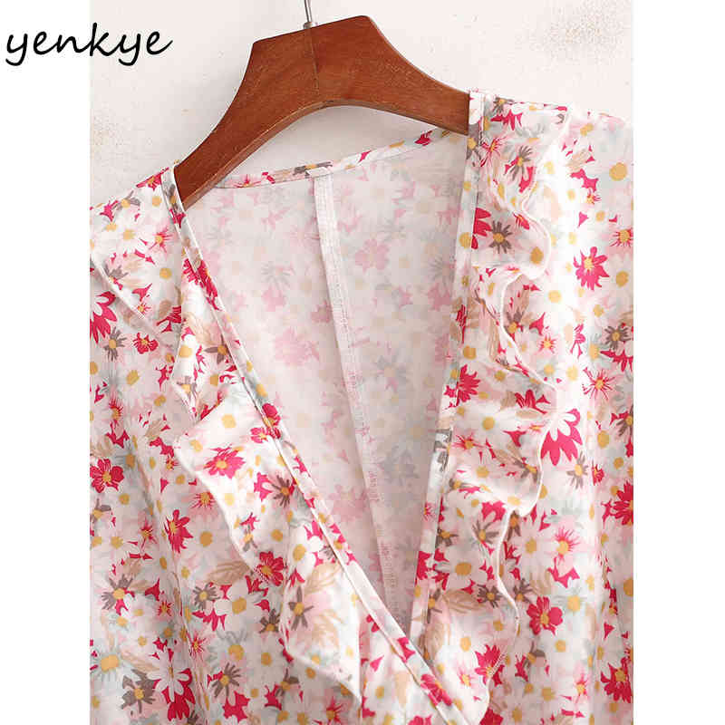 Holiday Women Floral Print Ruffle Wrap Dress Female Cross V Neck Short Sleeve A-line Casual Summer Mini Vestido 210430