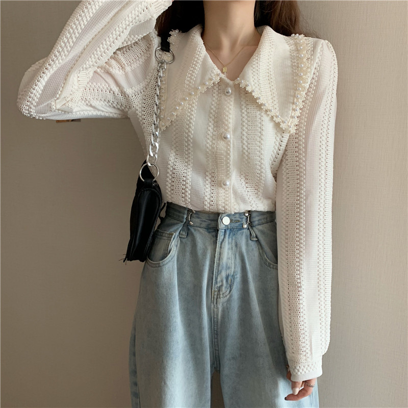 Plus Size L-4XL Spring Fashion Women Long Sleeves Peter Pan Collar Tops Shirts Elegant Lace Office Ladies Hollow Out Blouses 210515