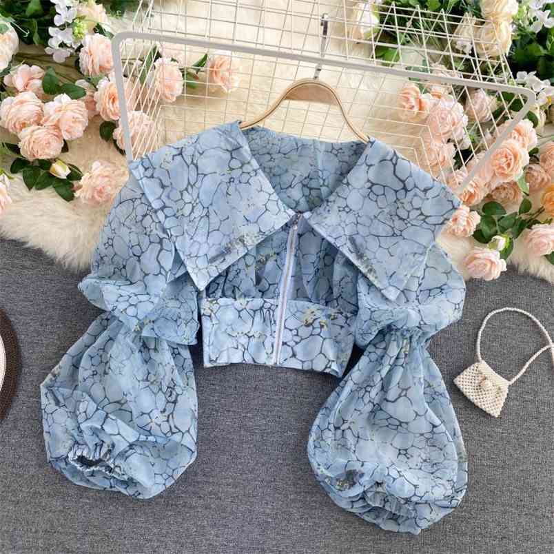 Women's Autumn Spring Blouse European Court Style Retro Puff Sleeve Big Lapel Short Zipper Printed Shirts Female Blusa PL541 210506