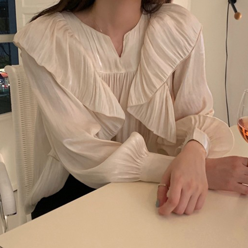 Nomikuma Women Blouse Korean Pleated Ruffle Patchwork Shirt Causal Lantern Long Sleeve V-neck Blusas Ropa De Mujer 6D960 210427