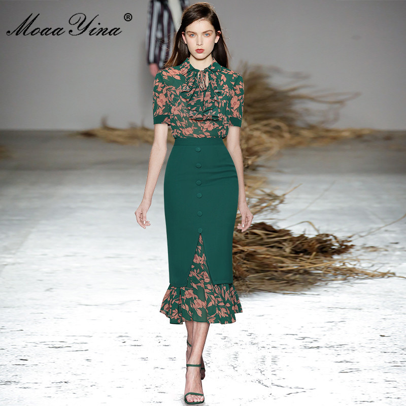 Summer Fashion Floral Skirts Sets Women's Short sleeve Printed Blouse and Splice Slim Mermaid Skirt 2-piece Suit 210524