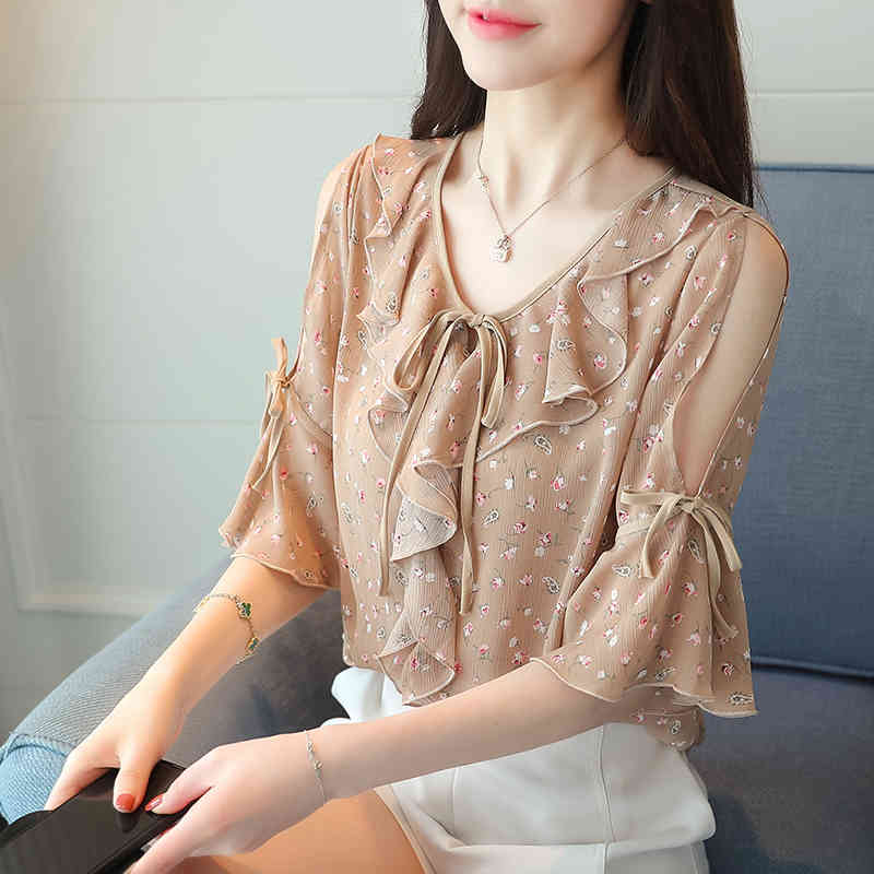 summer fashion printed blouse shirt women tops short sleeved blouses bow sweet flare sleeve chiffon shirts 0527 40 210506