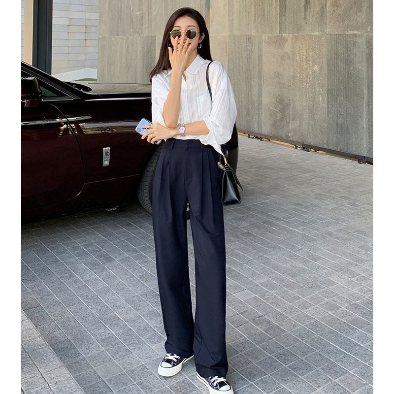 Retro Straight Wide Leg Pant Vintage Female Korean High Waist Casual Long Coffee White Beige Trousers 210510