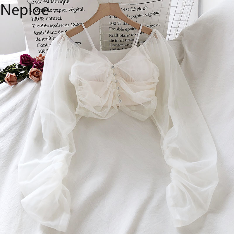 Neploe Summer Sweet Outfits Blusas Womens Gauze V-neck Shirt Sling Crop Tops Korean Fashuin Suit Femme Roupas 2 Piece Set 95318 210422