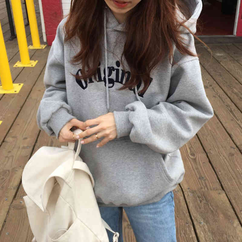 Nomikuma Women Hooded Sweatshirt Korean Letters Printed Hoodies Autumn Winter Plus Velet Long Sleeve Pullover Hoody 6C496 210427