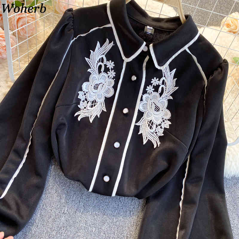 Temperament Top Lady Vintage Lantern Sleeve Blouses Women Loose All-match Embroidery Shirts Chic Black Blusas Mujer 4H229 210519