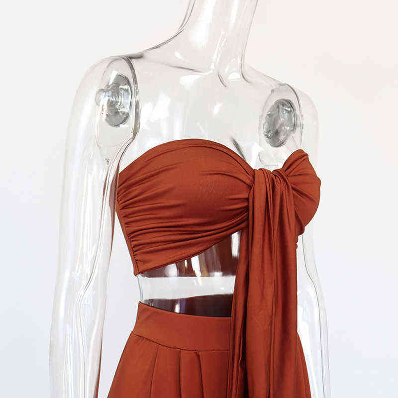 Asia Sexy Two Piece Set Women Sleeveless 2 Layer Bandage Crop Top Vintage Wide Leg Pants Woman Suit Autumn Party Outfits 211105