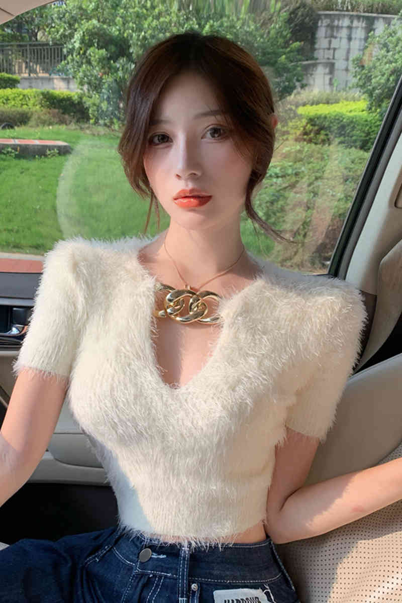 Women Short Slim Pullover Sexy Chain V-neck Cropped Sweater Chic Female Korean Mohair Sleeve Ladies Jumper 210519