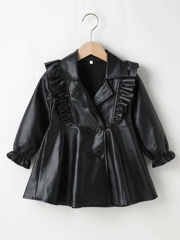 Toddler Girls Double Breasted Ruffle Trim PU Leather Dress SHE