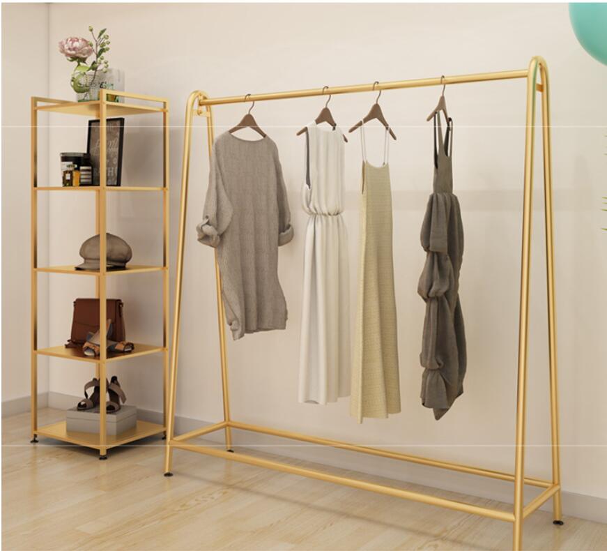 Simple iron clothing rack Commercial Furniture bedroom cloakroom floor hanger clothes shop gold cloth display racks