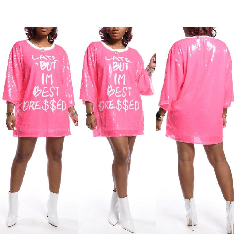 Casual Dresses Women Sequined Letter Print O-Neck Natural Loose Long Sleeve Autumn Stylish 2021 Solid Color Plus Size Female Clothing