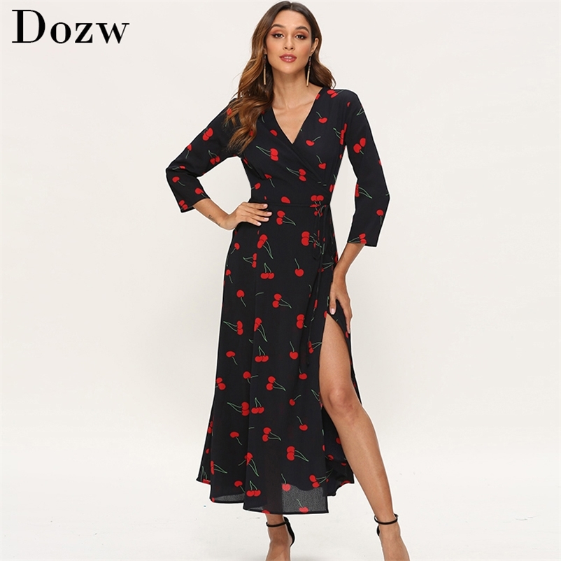 Elegant Dresses Women Three Quarter Sleeve Cherry Print Long Boho High Split V Neck Sexy Casual Maxi Vestidos Largos 210515