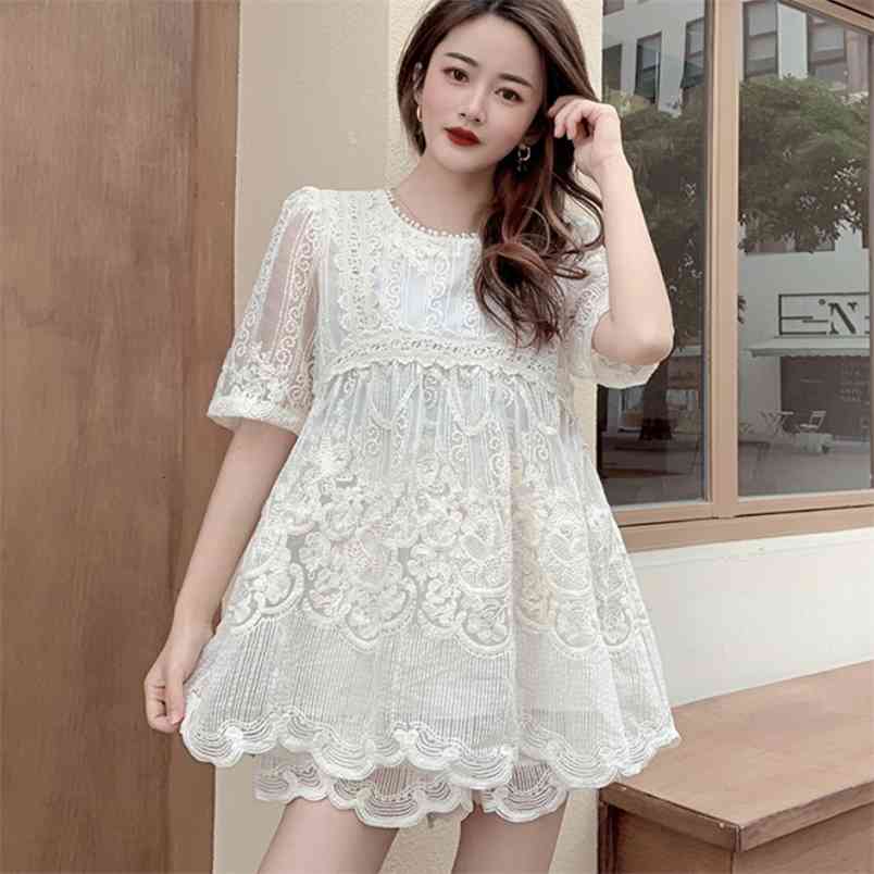 Fashion Chic Two Piece Set Women' Lace Embroidery Short Sleeve Blouse Tops And High Waist Wide leg Shorts Female Outfits 210519, Photo color
Fashion Chic Two Piece Set Women' Lace Embroidery Short Sleeve Blouse Tops And High Waist Wide leg Shorts Female Outfits 210519, Photo color