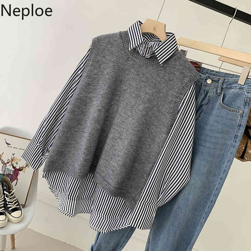 Neploe Women Sets O-Neck Knitwear Split Vest Striped Long Sleeve Blouse Tops Spring Fashion Korean Suit Two Piece Outfits 4H429 210422