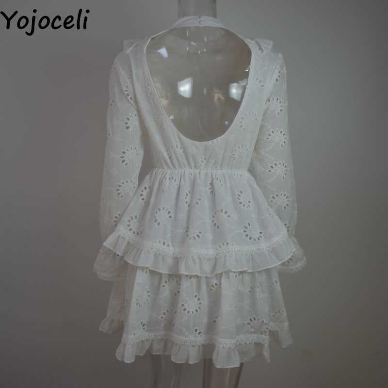 Yojoceli Sexy backless ruffle white embroidery dres Spring lace casual Beach short party cotton 210609