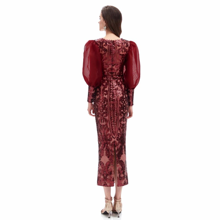 Tea-length Long Sleeve Prom Dresses Real Image Applique Sequins V-neck Burgundy Pink Evening Cocktail Dress in Stock