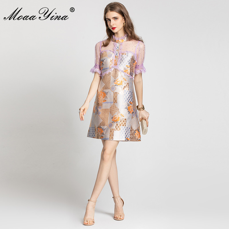 Fashion Runway Summer Short Jacquard Dress Women's Mesh Splicing sleeve Floral print Vintage Party Mini Dresses 210524