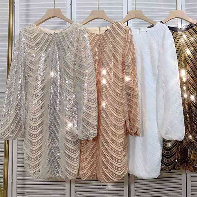 Free Shiny Sequin Dress Women's Fall O-neck Lantern Sleeve Striped Bodycon Mini Club Party Vestido 210524