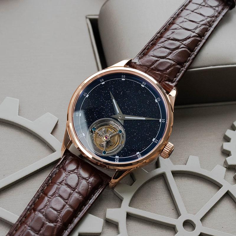 Wristwatches Tourbillon Watch Men Famous Leather Strap Sugess Store Carousel Seagull Movement ST8230 Dark Blue Dial Gold Case, Silver