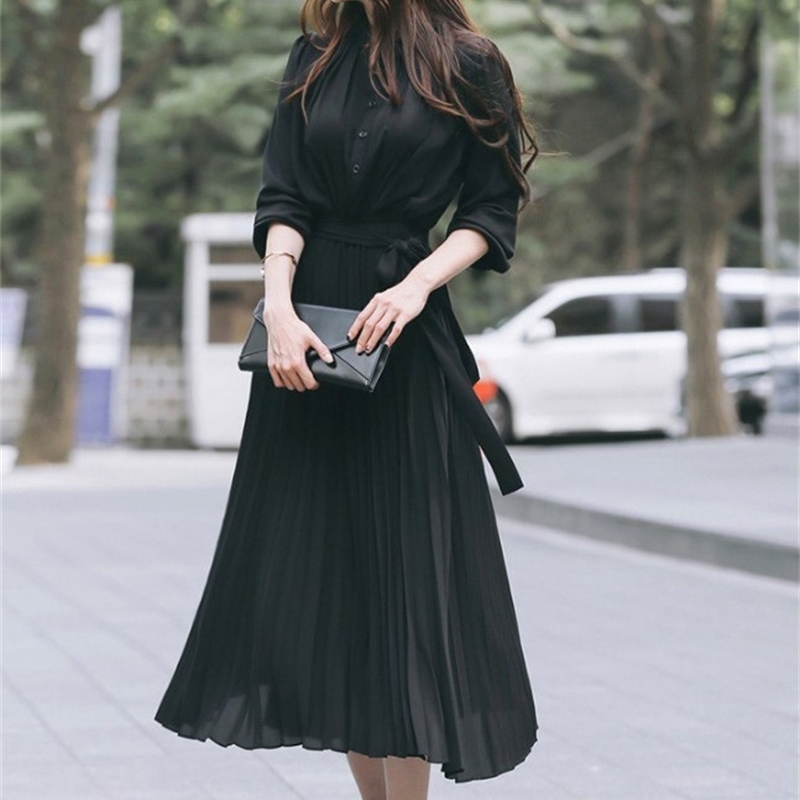 Women's Dress Spring Pleated Fashion fashion Slim High Waist Long Temperament Office Female Dresses Sleeve Casual 210519