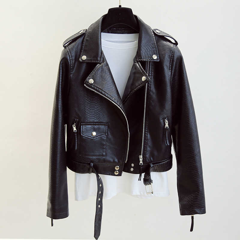 Ailegogo Spring Autumn Women Faux Leather Jacket Streetwear Khaki Leather Coat Biker Moto Jacket with Belt Female Outerwear 210908