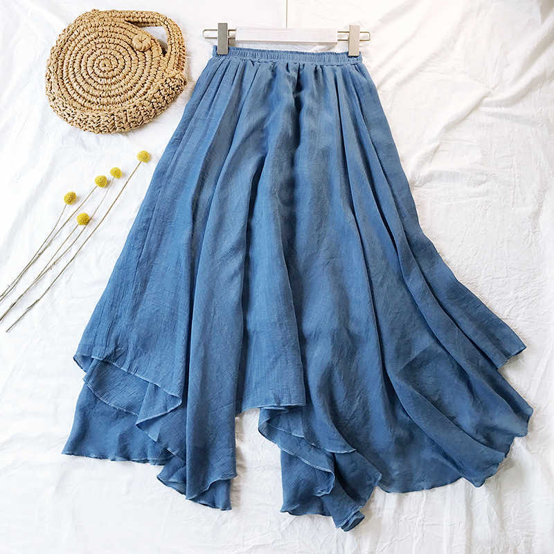 Cotton Linen Maxi Skirt Women Spring Summer Elastic Waist Vintage Solid irregular Long s Mori Girl Boho Beach 210619