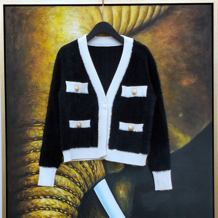 Autumn winter new design womens mohair wool knitted soft warm v-neck long sleeve color block sweater cardigan coat plus size SML