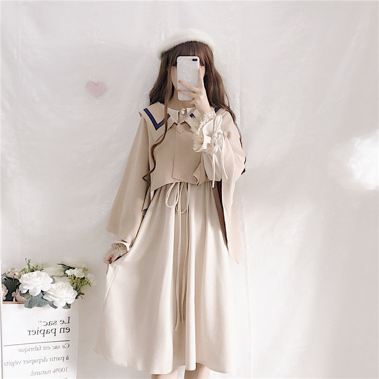 Japanese Kawaii Two Pieces Set Women Long Sleeve Cute Dress + Loose Cape Cloak Jacket Casual Sweet Outfits Suit 210519
