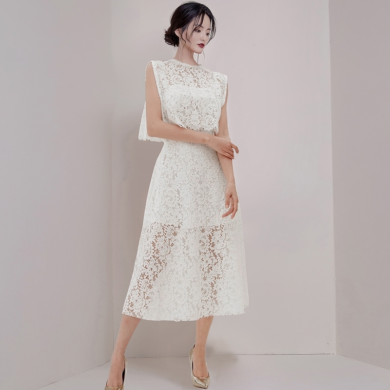 White Lace Hollow Out Two Piece Set For Women Sleeveless Shirts High Waist Long Skirts Female Suit 210520