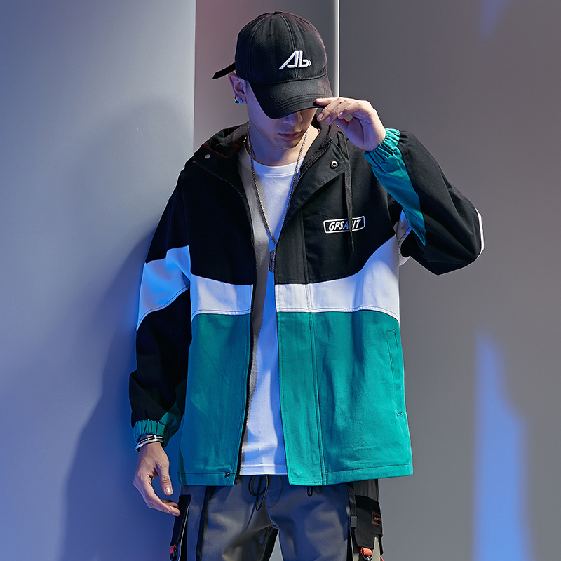 Autumn Oversize Hooded Jacketet Men Printed Multicolor Splicing Ribbon Personally Fashion Windbreaker Coat Men Clothing