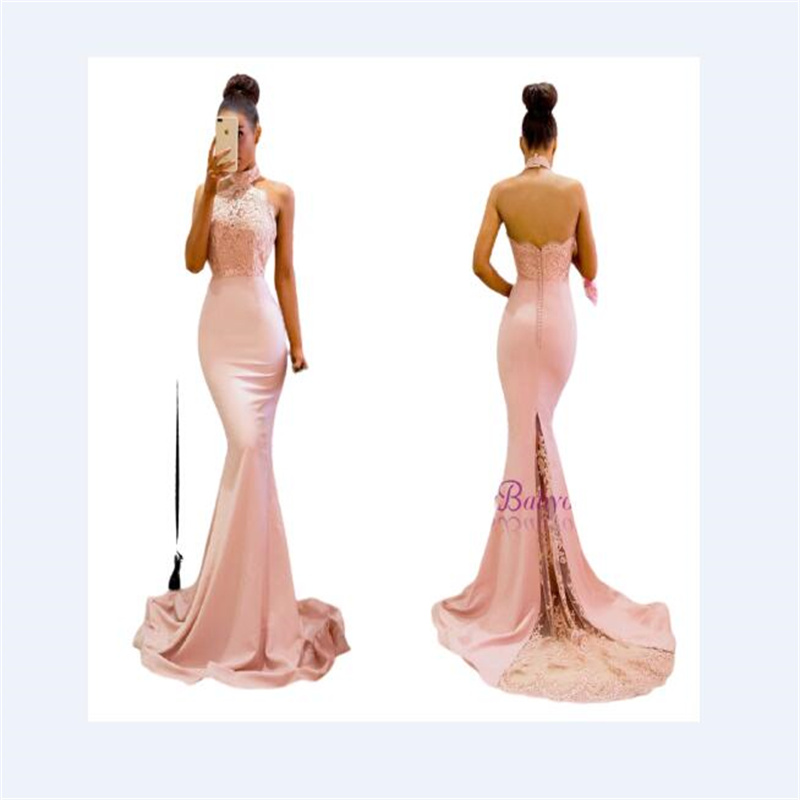 Pink Mermaid Halter Bridesmaid Dresses Sexy Open Back Appliques Sweep Train Long Maid of Honor Gowns Wedding Guest Dress Formal