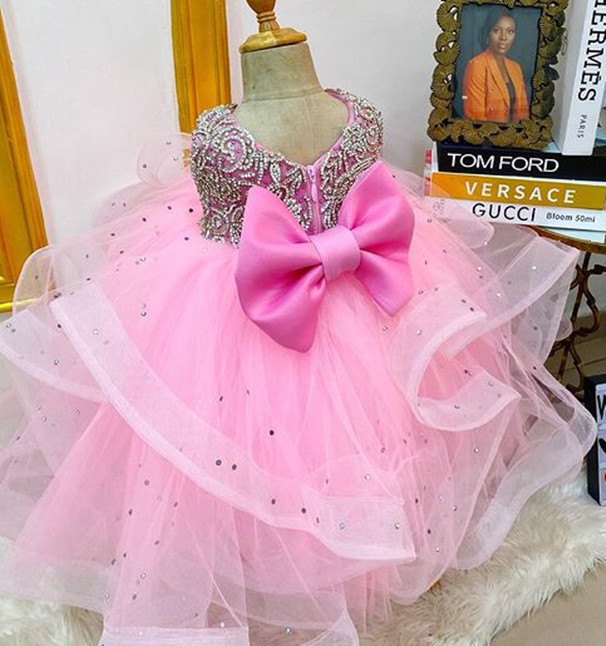 2021 Pink Luxurious Crystals Flower Girl Dresses Ball Gown Tulle Bow Lilttle Kids Birthday Pageant Weddding Gowns ZJ676