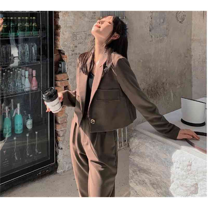 2 Piece Sets Womens Outfits Ladies Office Notched Collar Long sleeve Sexy Short Blazer Coat and High Waist Pants Suit 210519