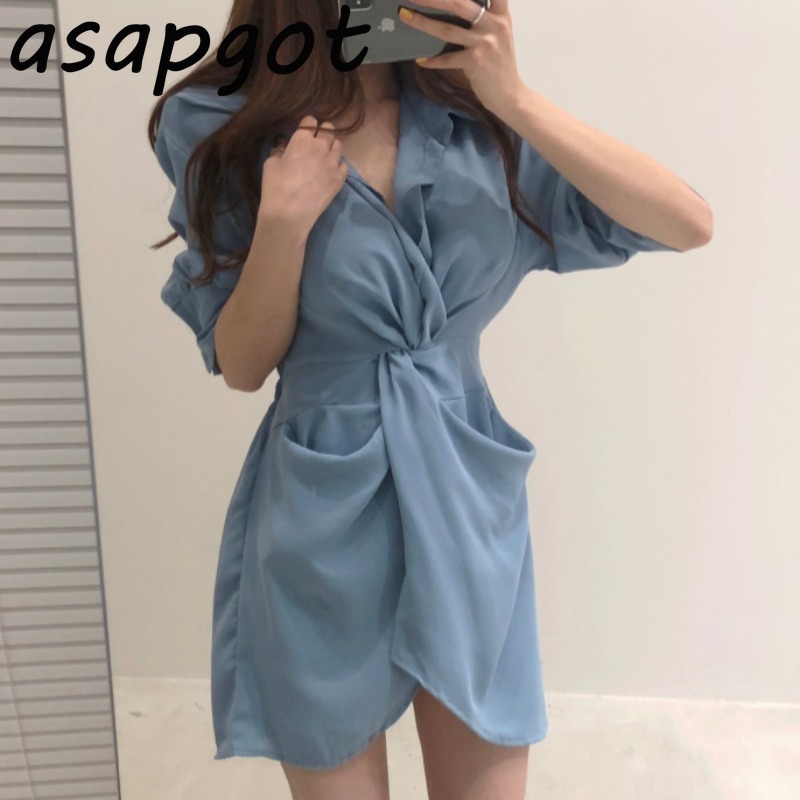 Spring Casual Retro Slim Waist Big Pocket Long Sleeve Lapel Irregular Shirt Dress Women Mini Solid Fashion Clothes Vestidos 210429