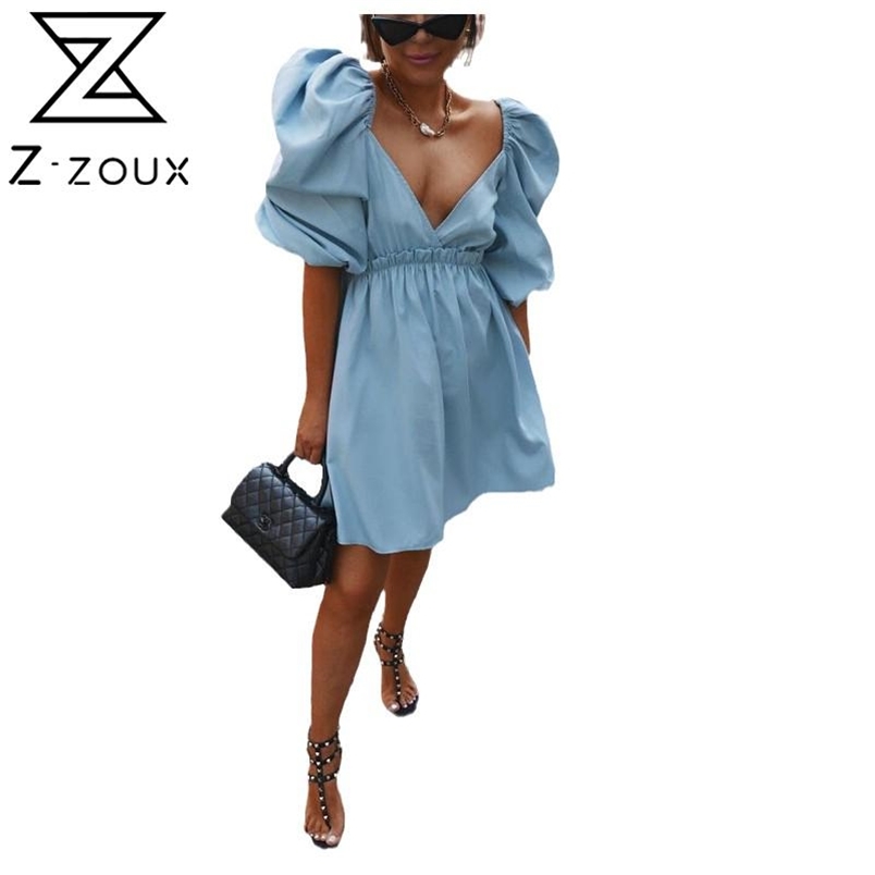 Women Dress Puff Sleeve V-neck Sexy Beach Dresses Vintage Plus Size Short Summer Fashion 210513