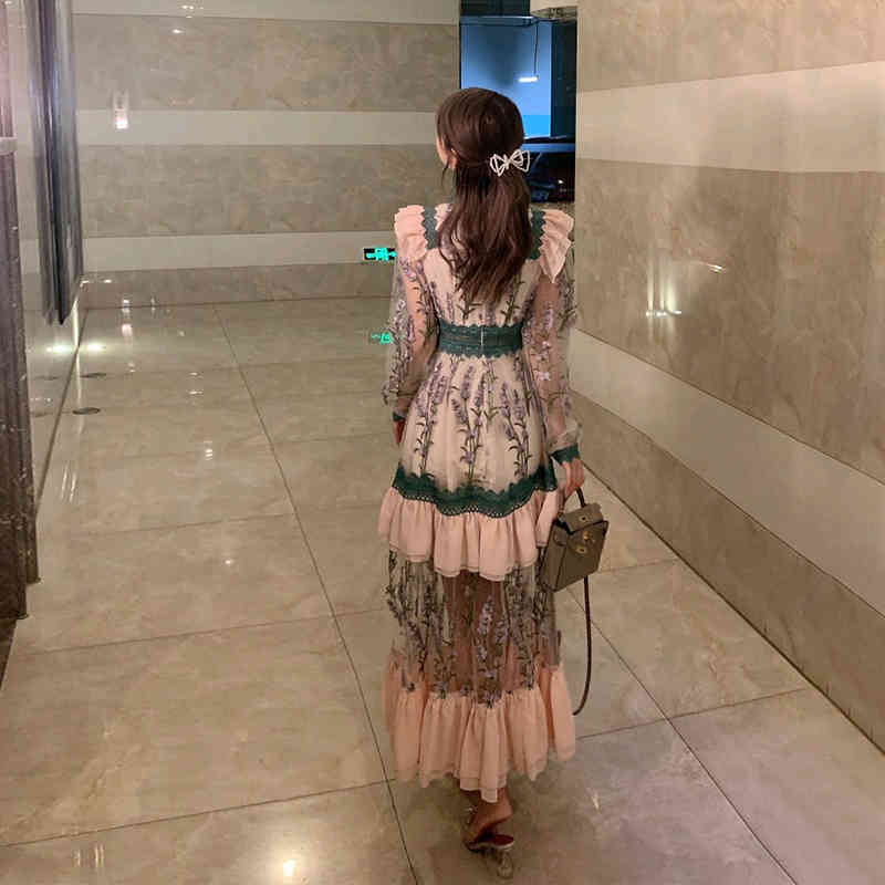 Summer French VNeck Style Dress Female Embroidery Stitching Retro Long Bohemia Fashion Hollow Out Mesh Vestidos 210506