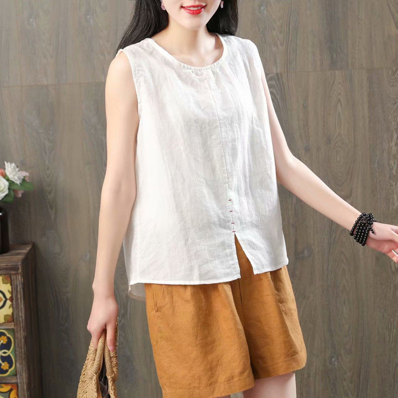 Summer Arts Style Women Solid Sleeveless Tank Top Loose Cotton Linen Femme Allmatched Casual Basic Tops S985 210512