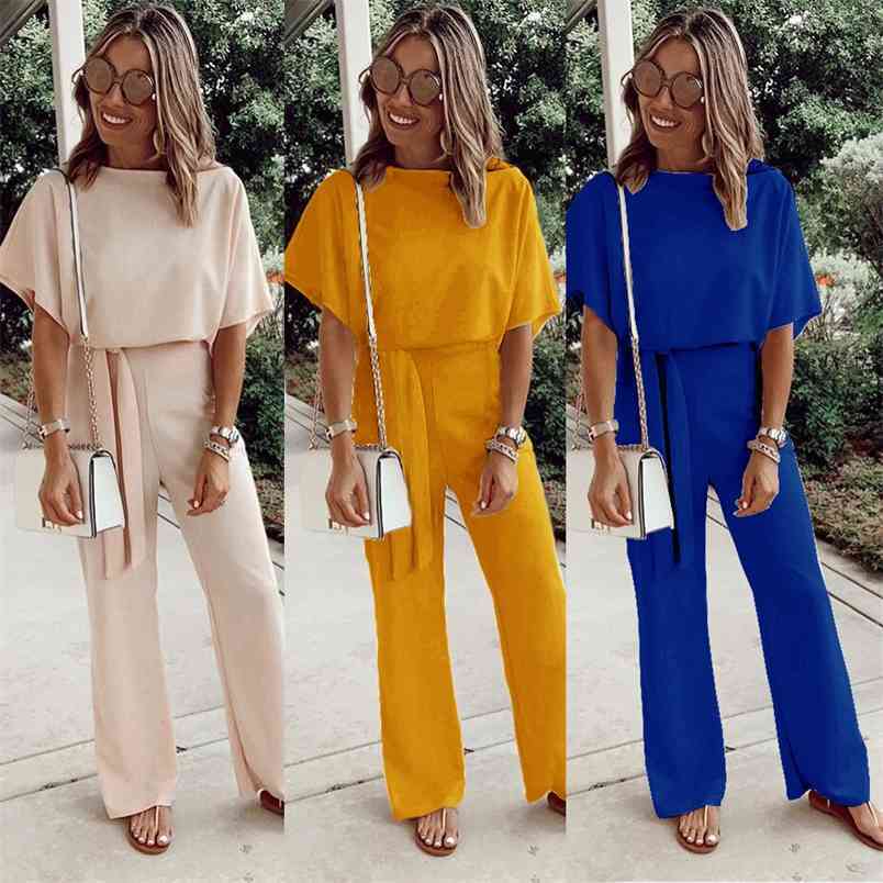 Women Jumpsuit Casual O Neck Short Sleeve Playsuit Elegant Office Lady Wide Leg Overalls Female With Belt Bodysuit Loose Rompers 210522