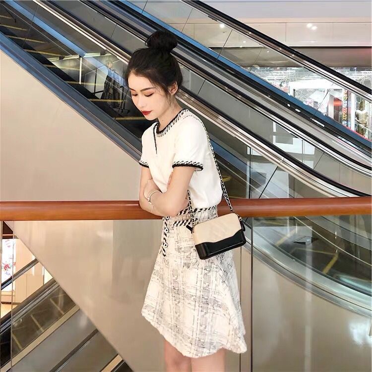 Fashion Runway Summer Tweed Plaid Skirts Suits Elegant White Cotton T-shirt Ladies 2 Two Pieces Set 210520